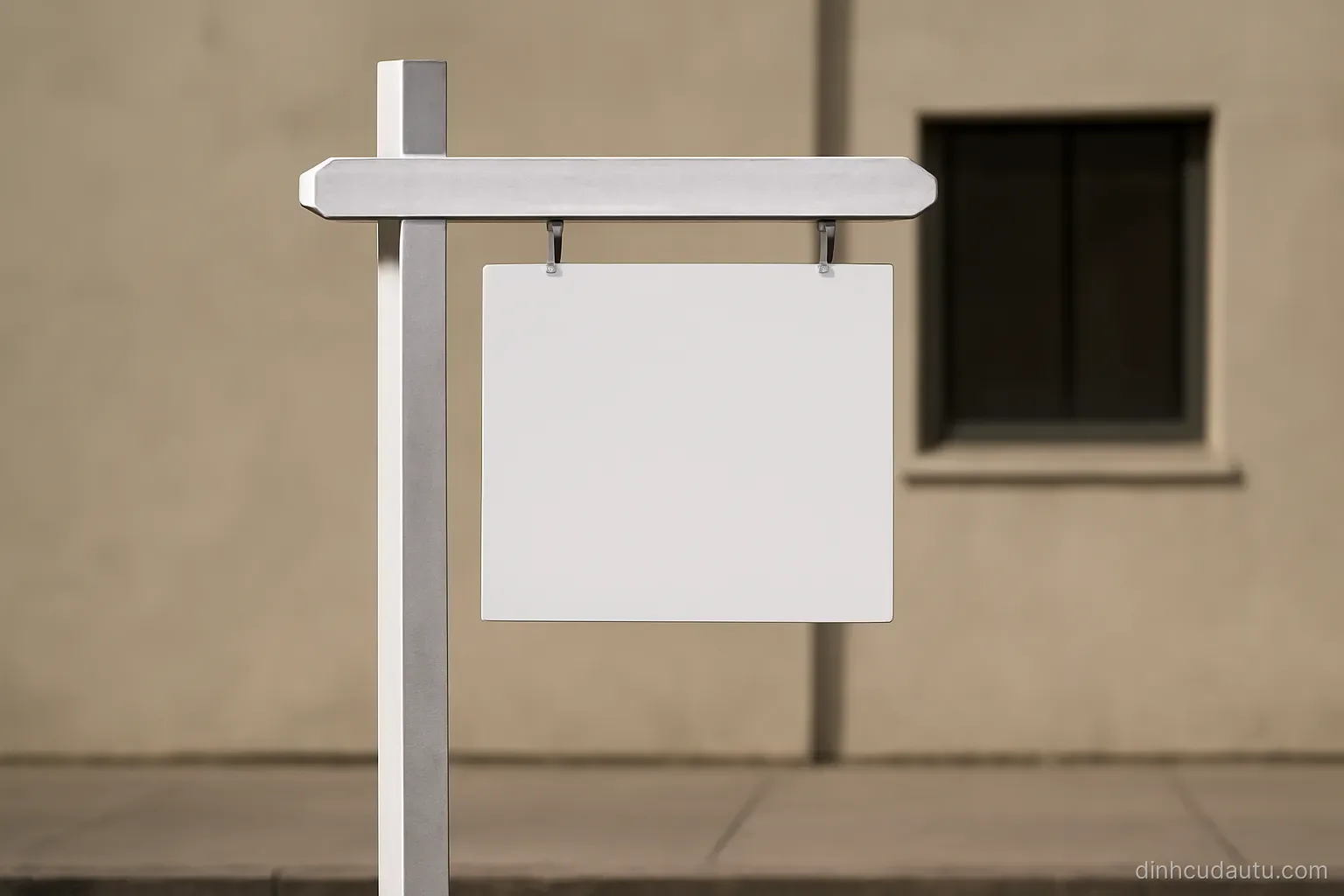 a for-sale style signpost standing empty in front of a plain building facade