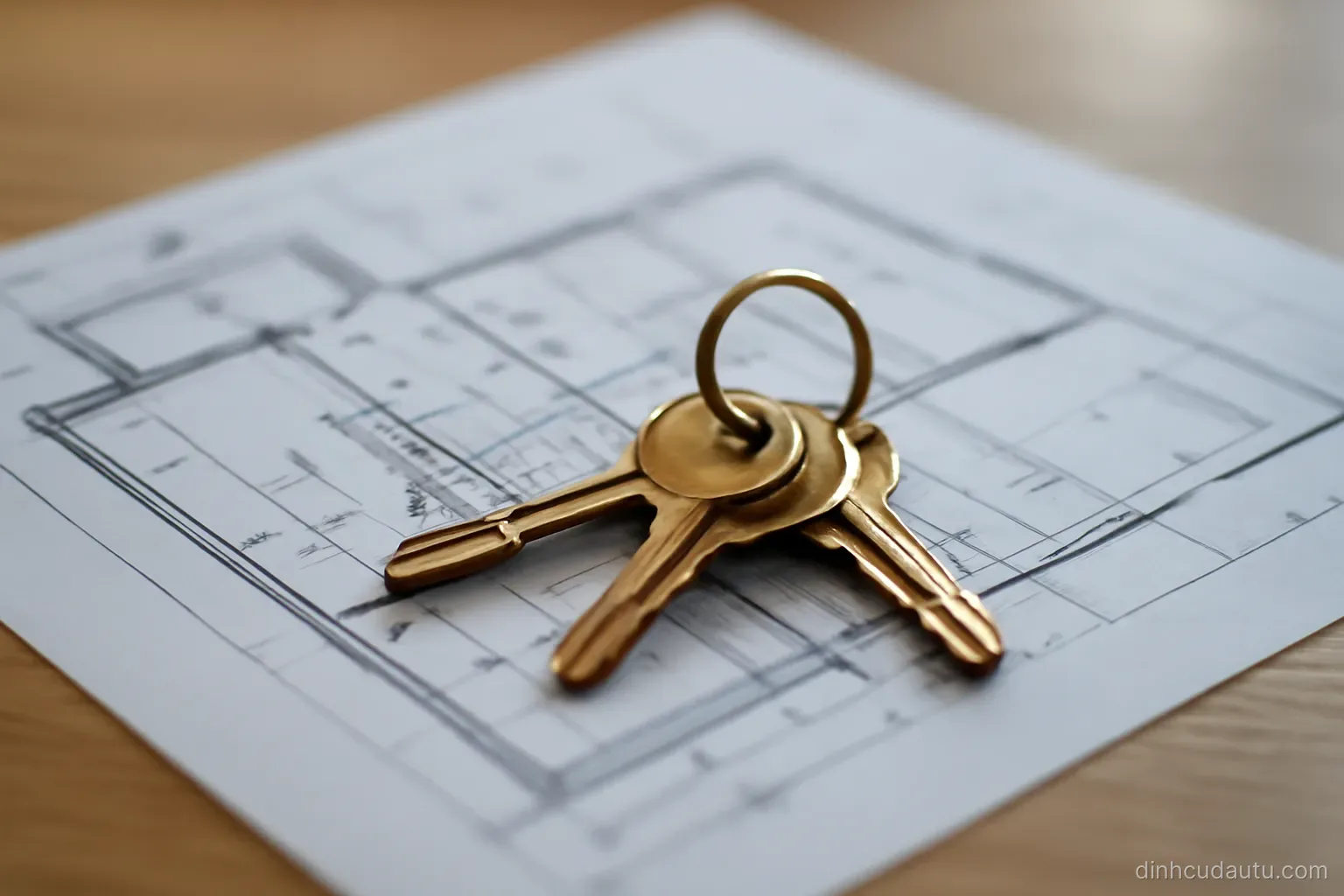 a set of building keys on a ring lying on a printed floor plan on a table