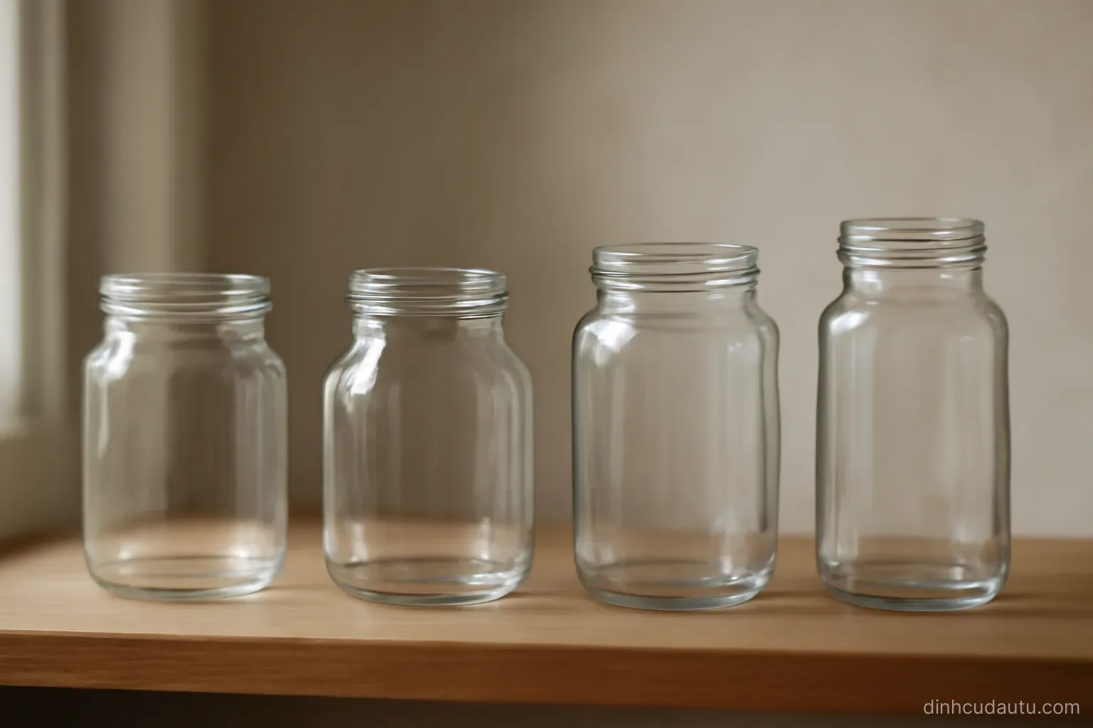 four small glass jars of different shapes standing in a row on a shelf