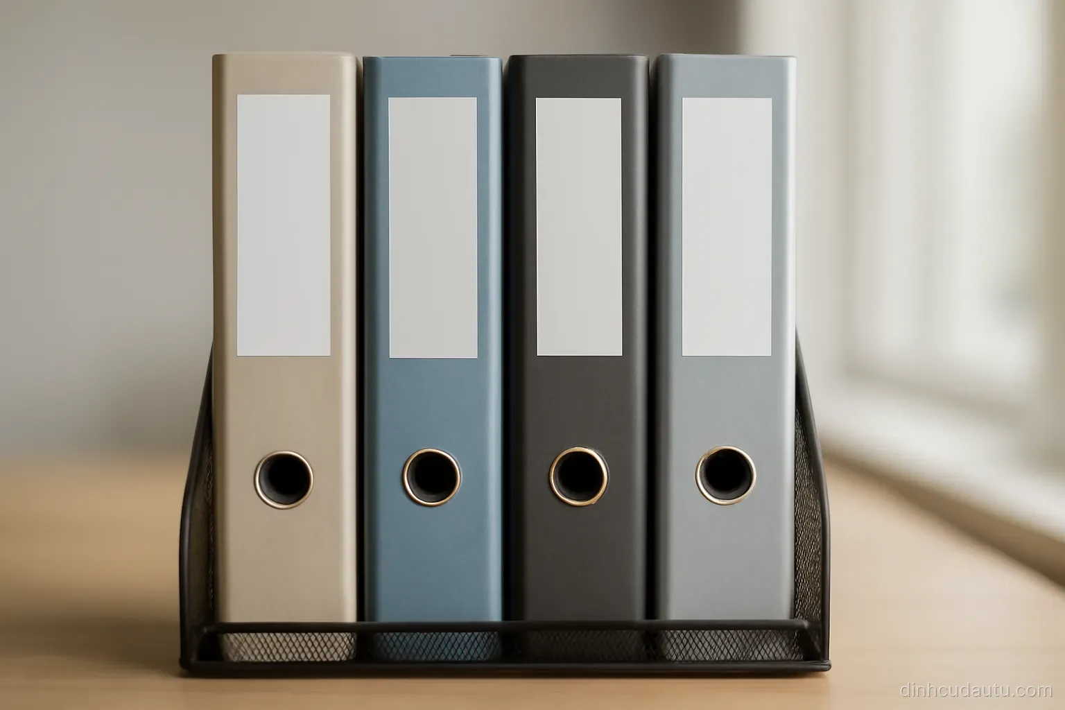four labelled folders standing upright in a desk organiser with blank label strips