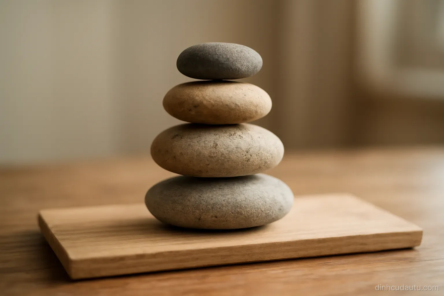 four differently shaped stones balanced on a flat wooden board on a table
