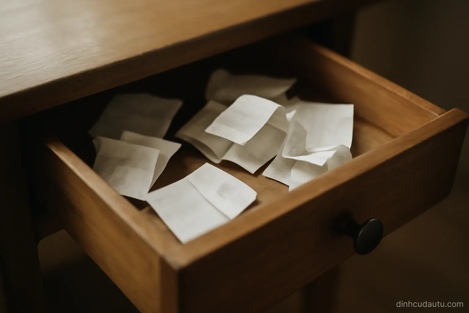 a desk drawer pulled half open showing several small folded receipts scattered loosely inside it