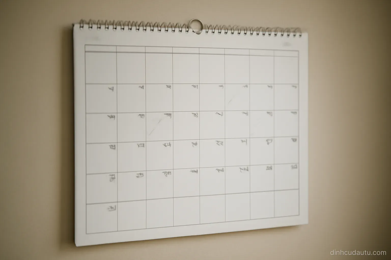 a wall calendar showing several months at once with small pencil marks on scattered dates