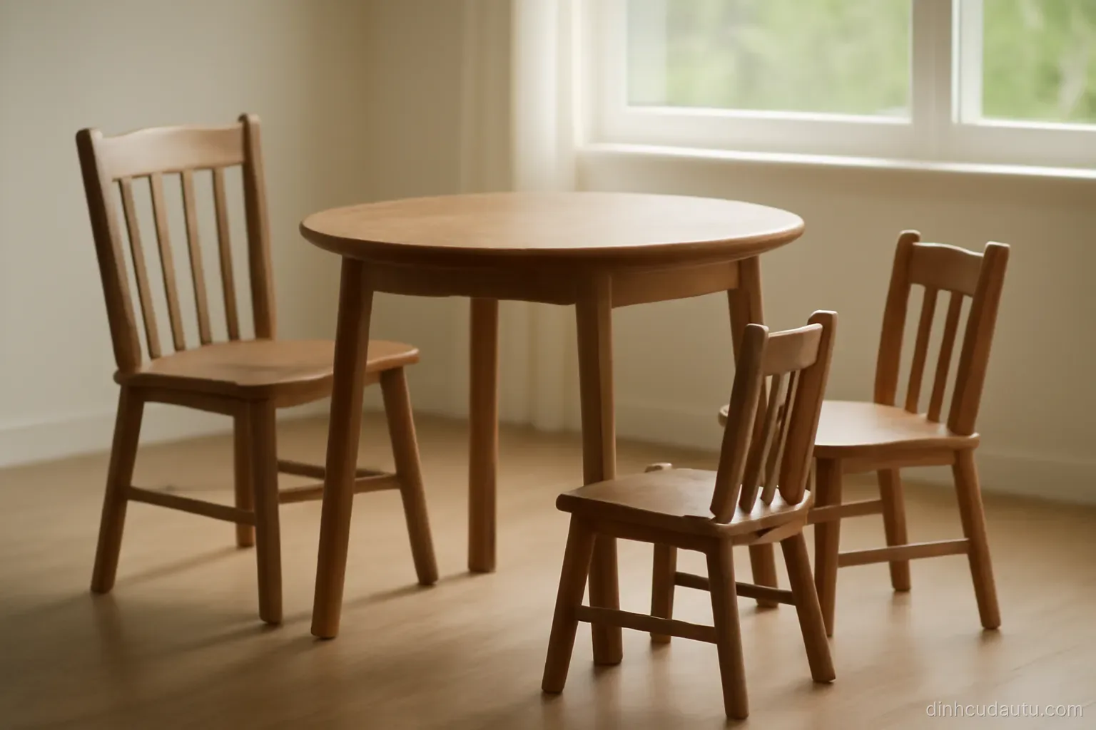 four wooden chairs of descending size arranged neatly around a small round kitchen table