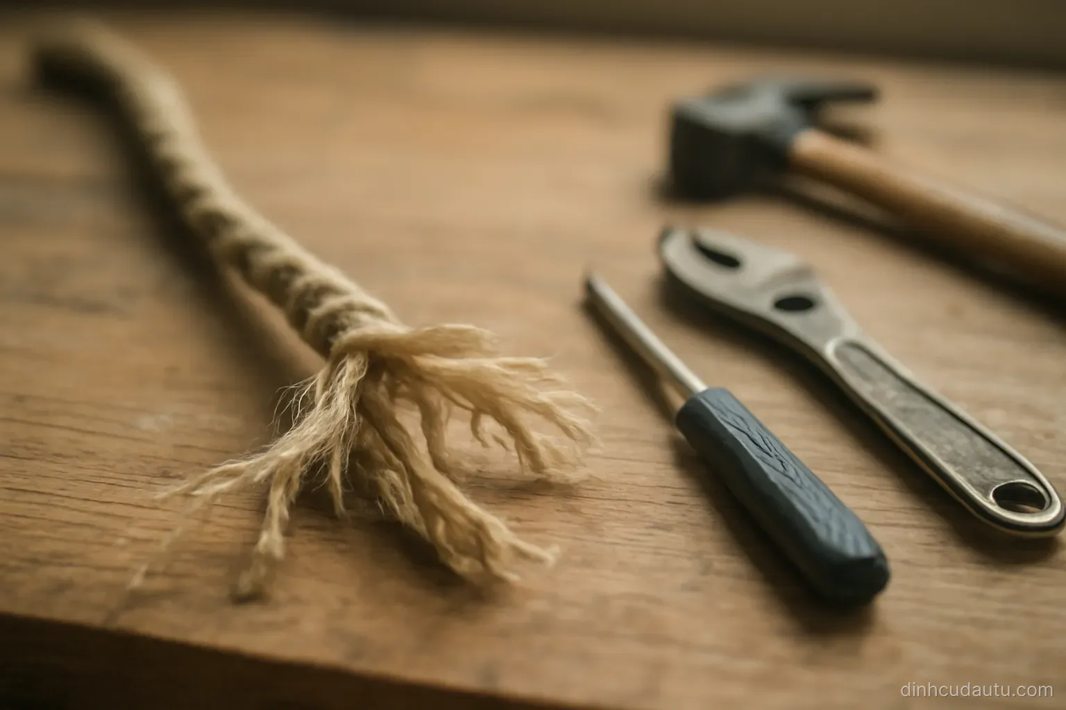 a frayed rope on a workbench with tools laid out neatly beside it