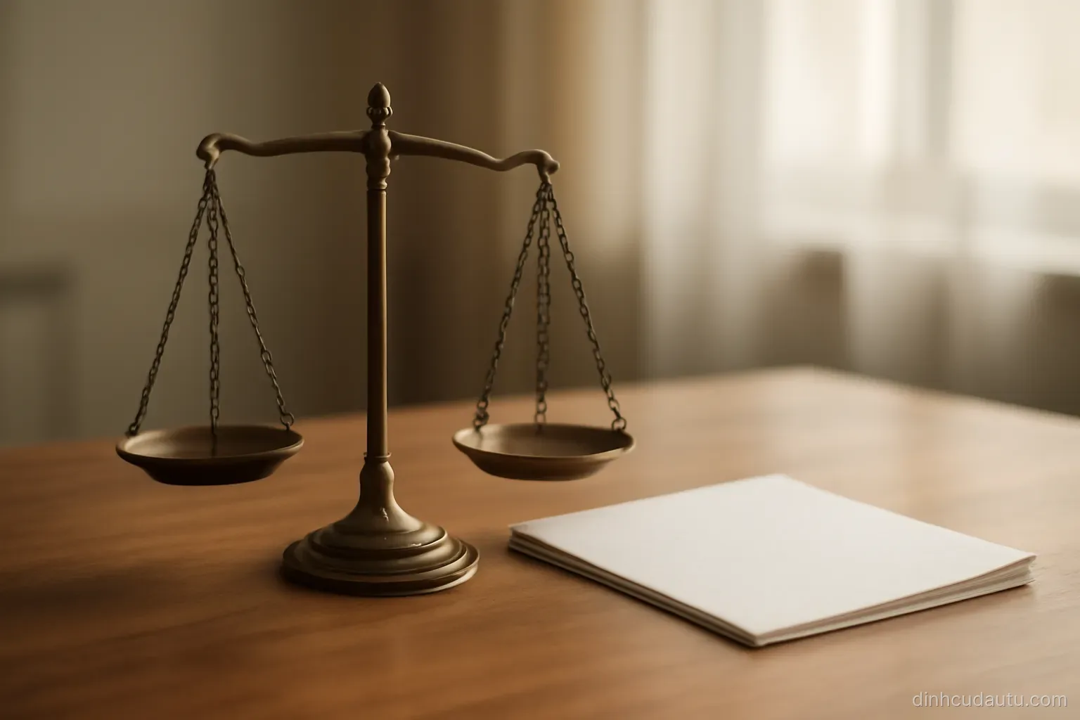 a balance scale with two empty pans standing on a desk beside a folded document