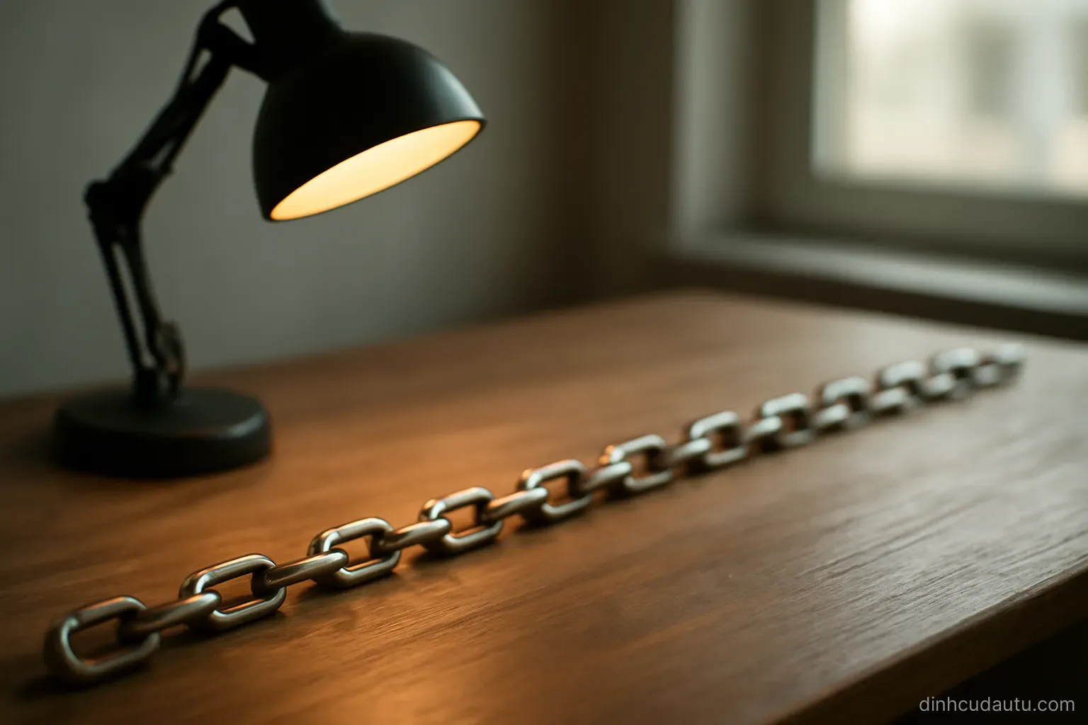 a length of chain laid out straight across a wooden desk with a lamp above it