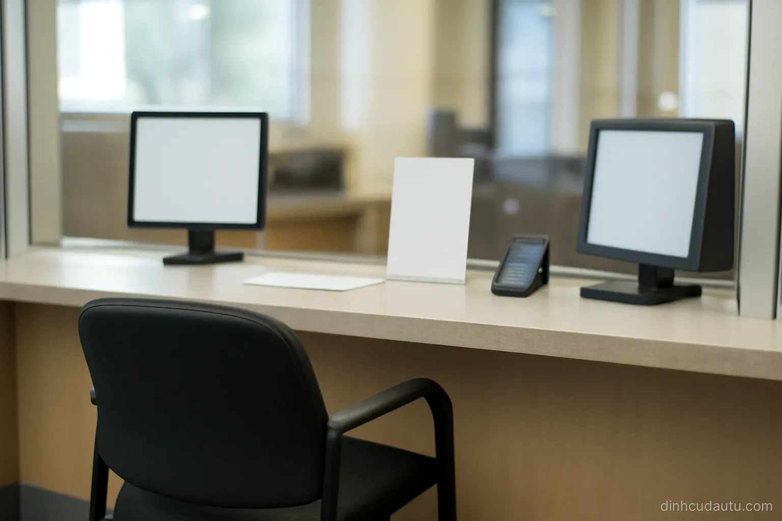 a bank counter with a glass partition and an empty chair on the customer side