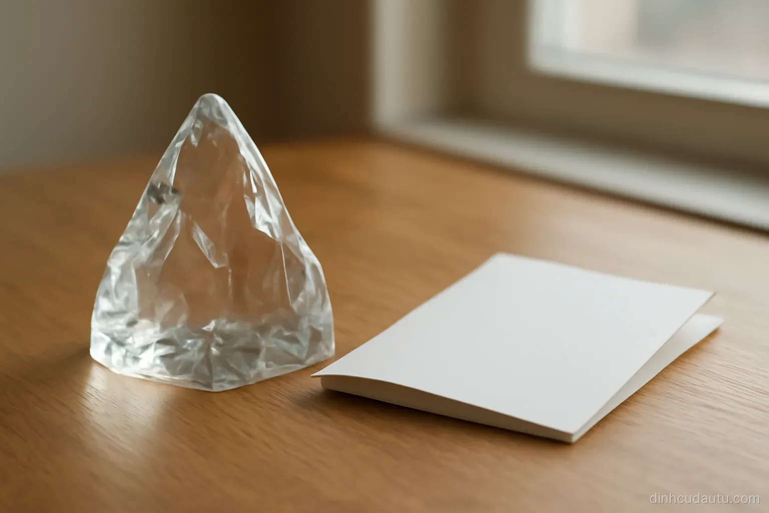 an iceberg-shaped glass paperweight sitting on a wooden desk beside a folded printed brochure