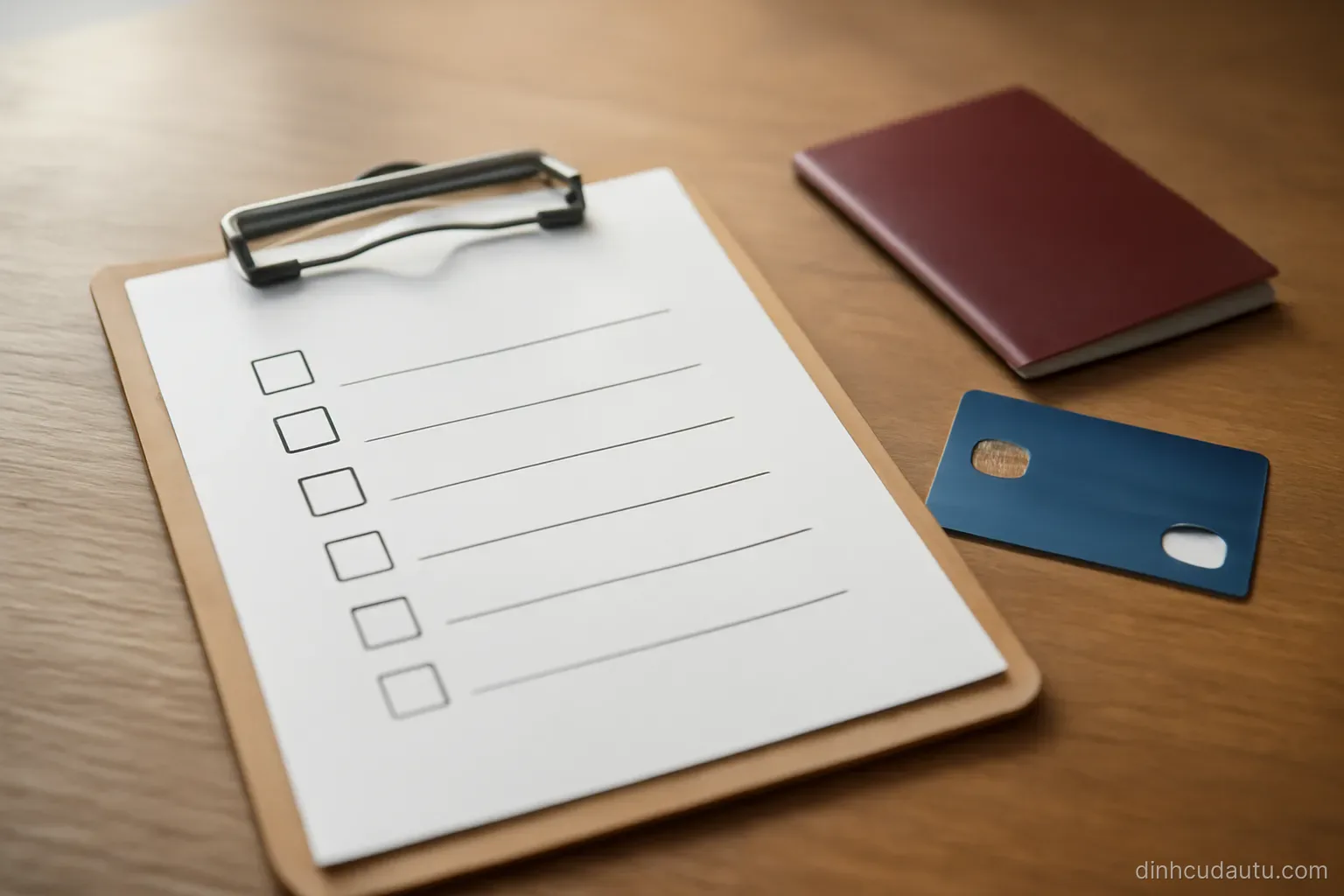 a printed checklist on a clipboard lying on a desk beside a bank card and a passport