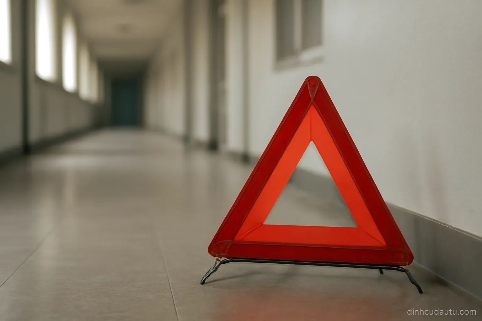 a red warning triangle sign leaning against a wall in an otherwise empty corridor