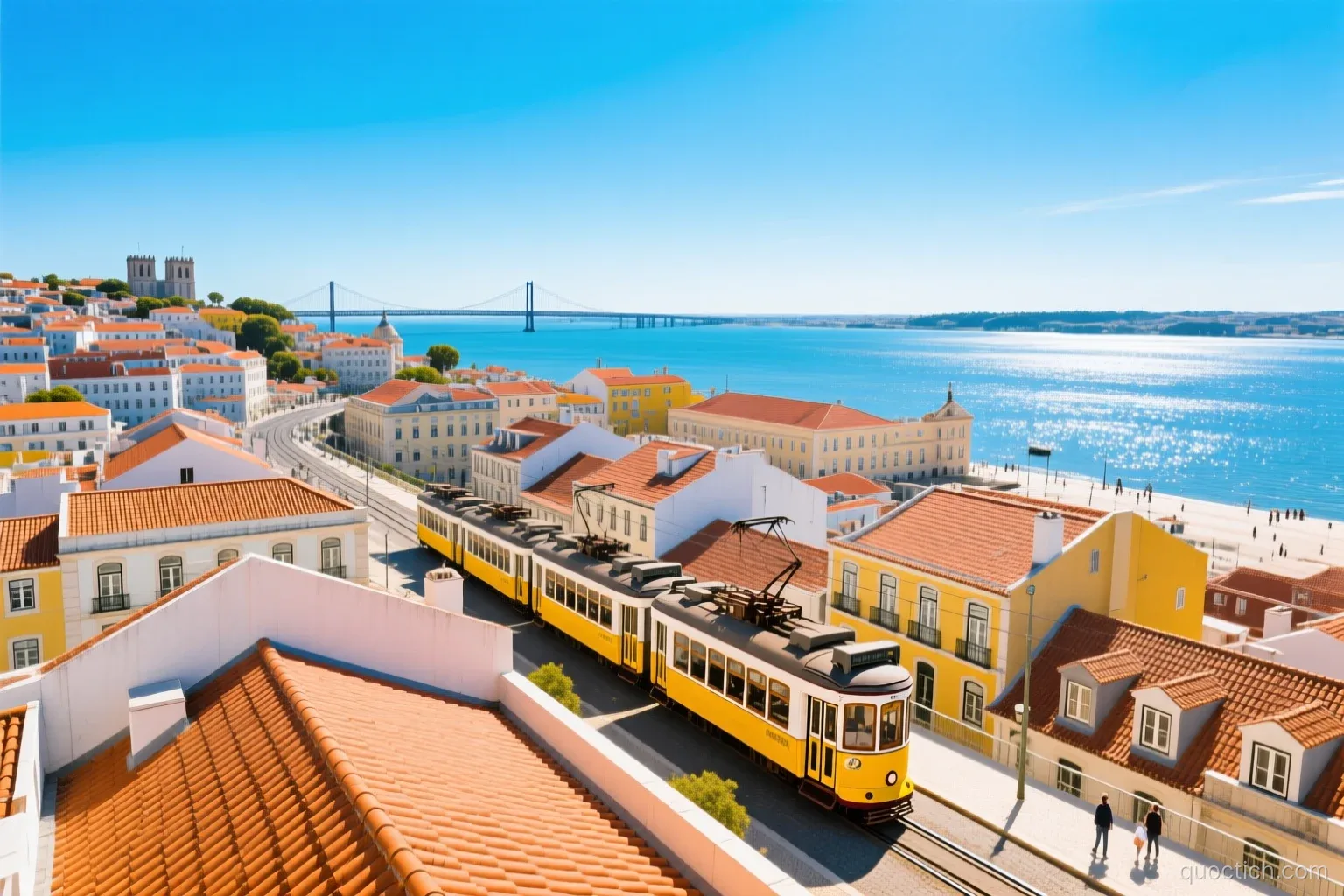 Wide aerial view of Lisbon rooftops with terracotta tiles, the yellow tram line and the Tagus river glittering under a clear blue midday sky, no people