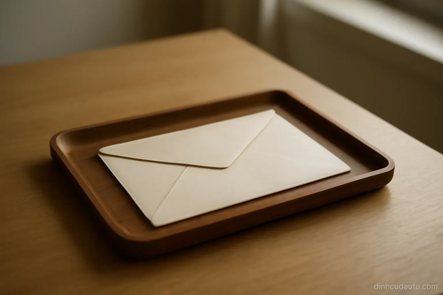a single envelope sealed and placed in a wooden tray on an otherwise empty desk