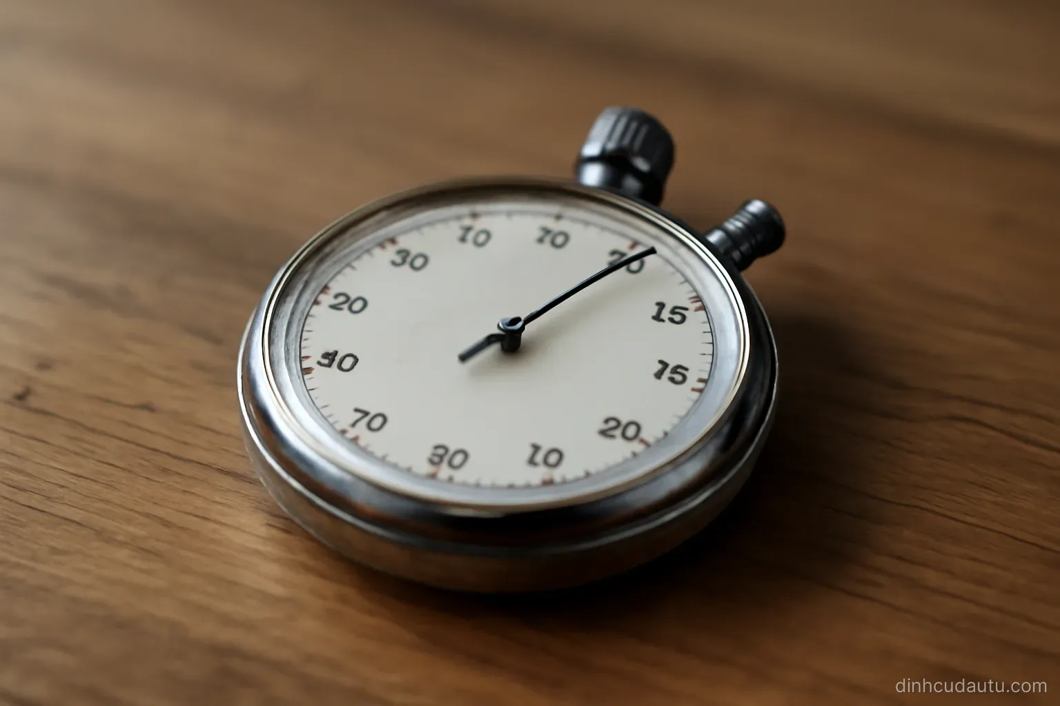 a stopwatch lying face up on a wooden surface with its hands not visible clearly