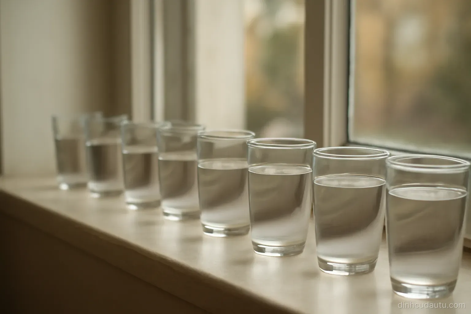 a row of small water glasses filled to different levels standing along a window ledge