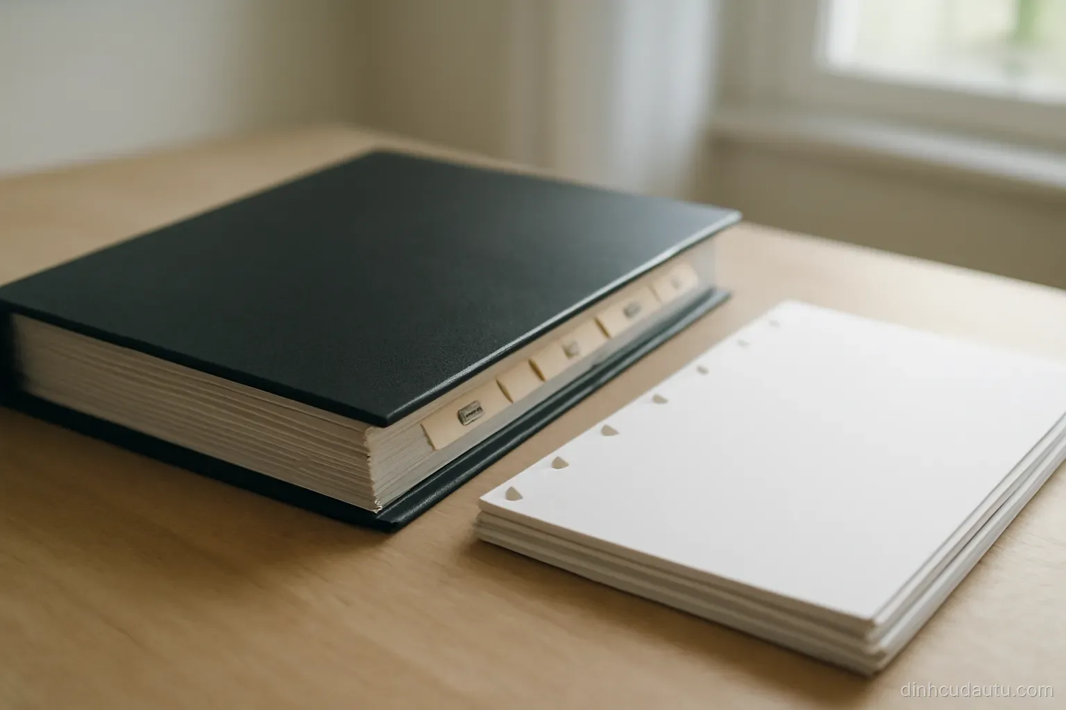 a thick binder with numbered tabs lying closed on a desk beside a stack of blank dividers