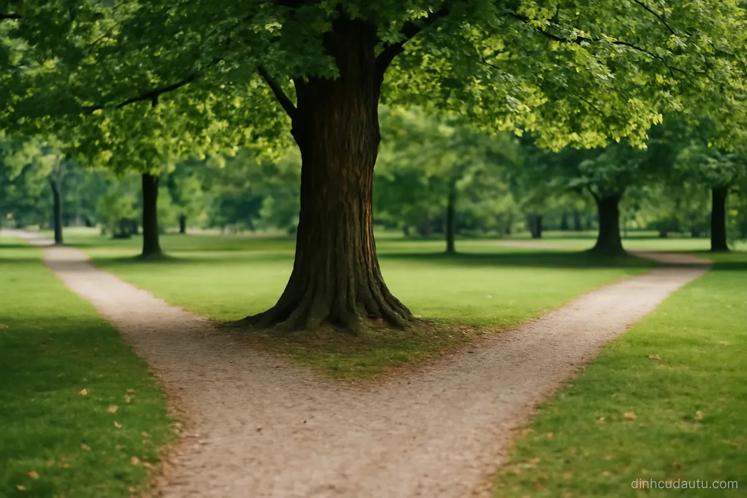two separate gravel paths diverging around a large old tree in a quiet empty park