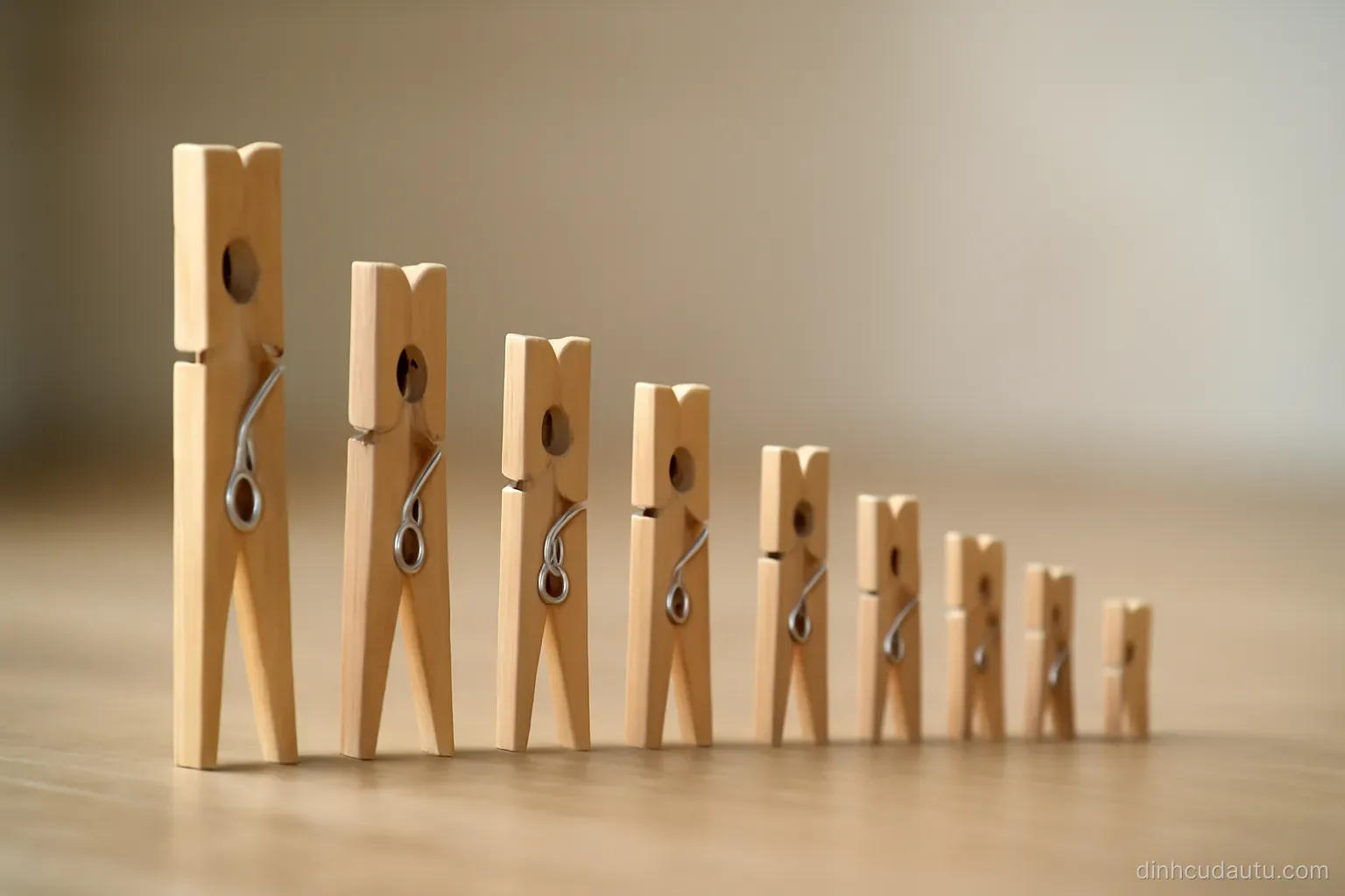 a set of ten small wooden pegs arranged in descending order of height on a board