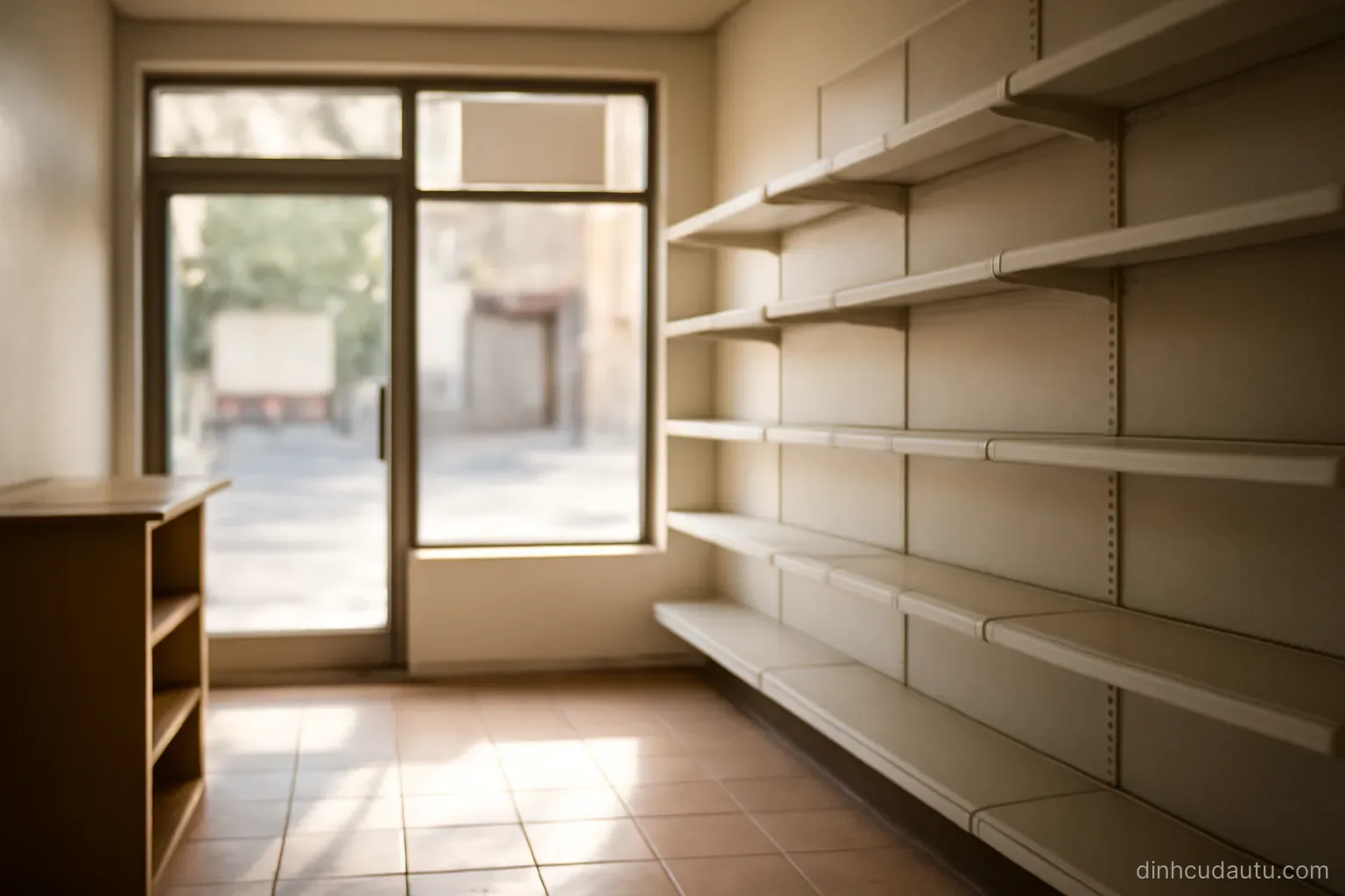 an empty small shop interior with bare shelves and light coming through the front window