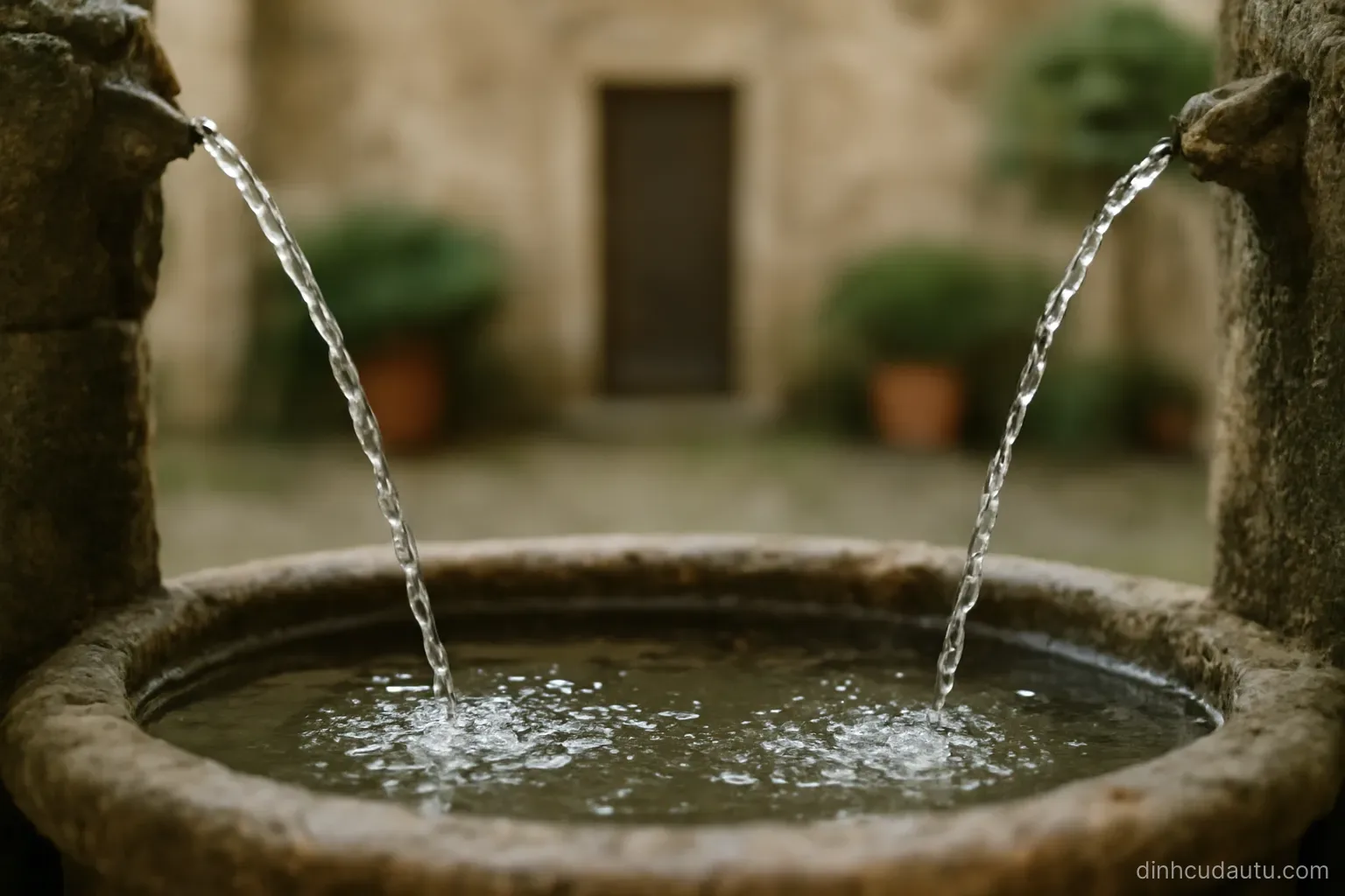 two separate streams of water meeting in a stone basin in a quiet courtyard