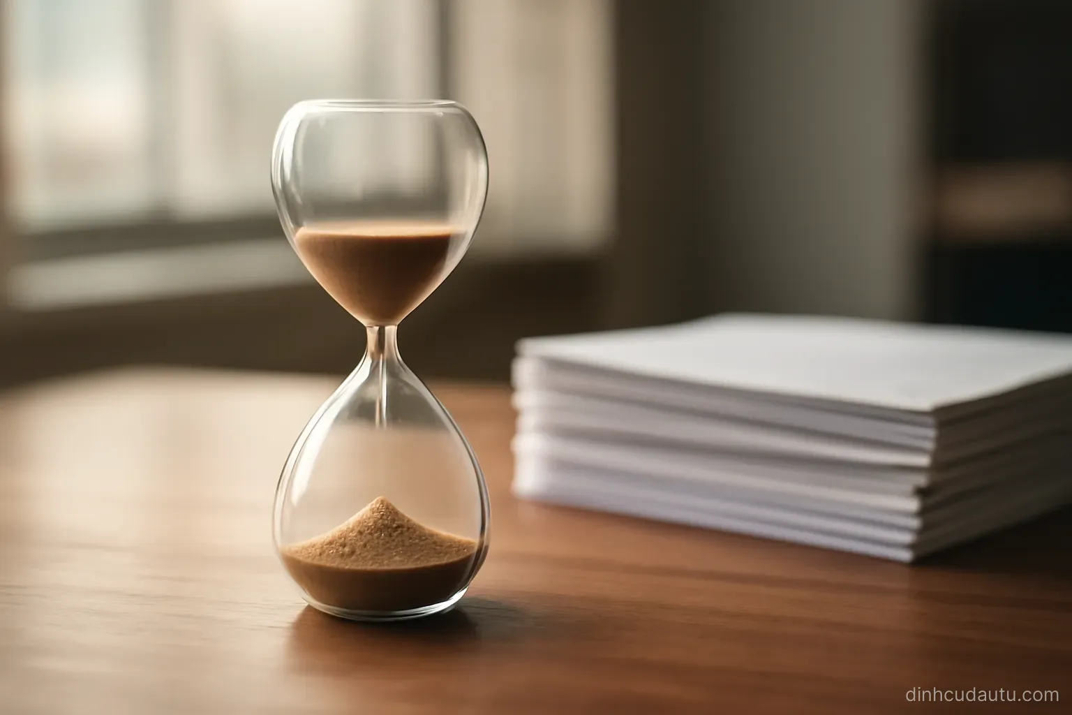 an hourglass standing on a desk with sand partly fallen and papers stacked beside it
