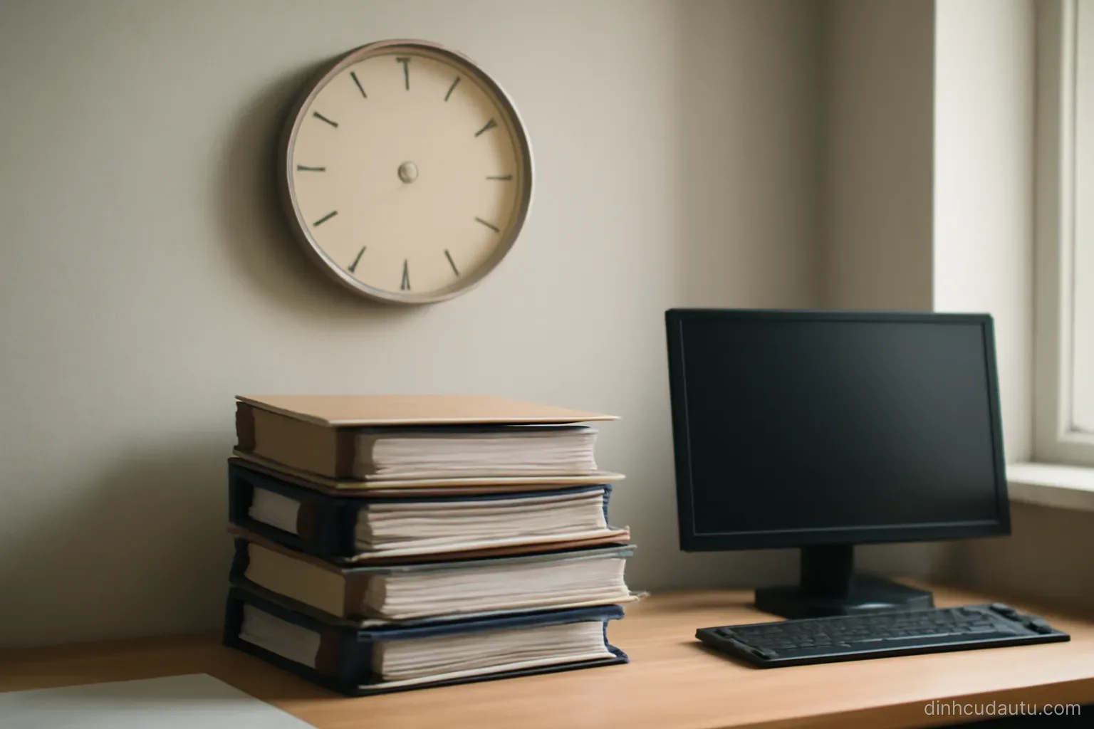 a wall clock with hands removed hanging above an office desk piled with folders