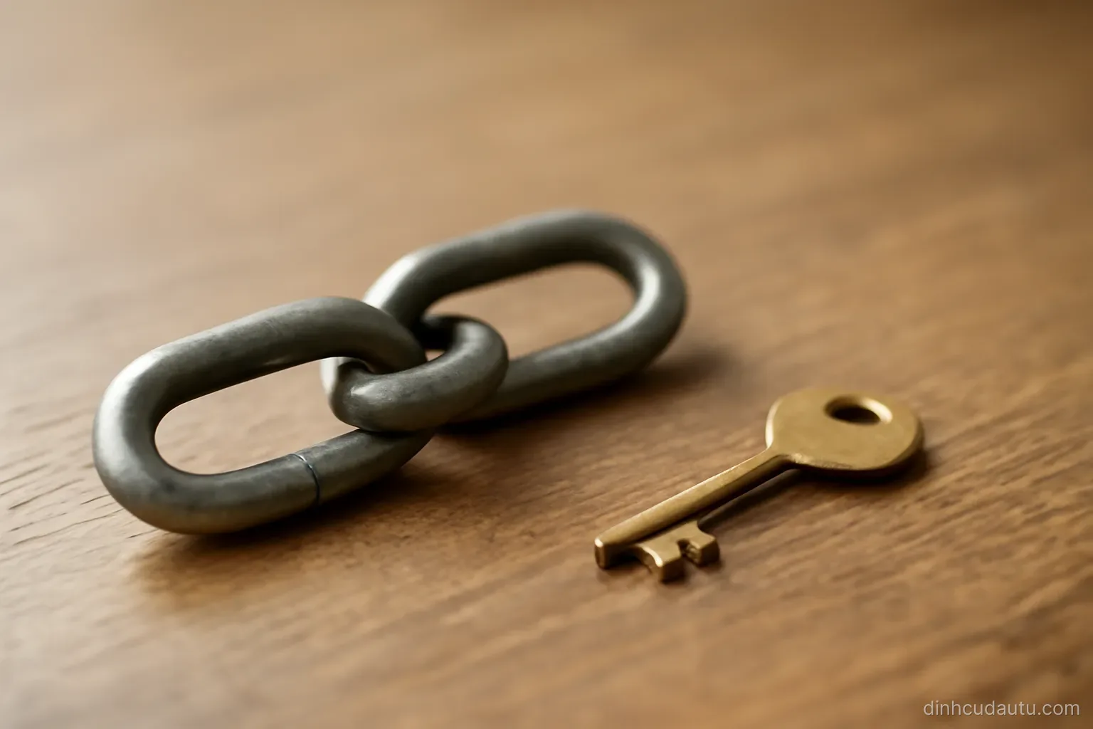 two links of a chain lying joined on a table with a small key placed beside them