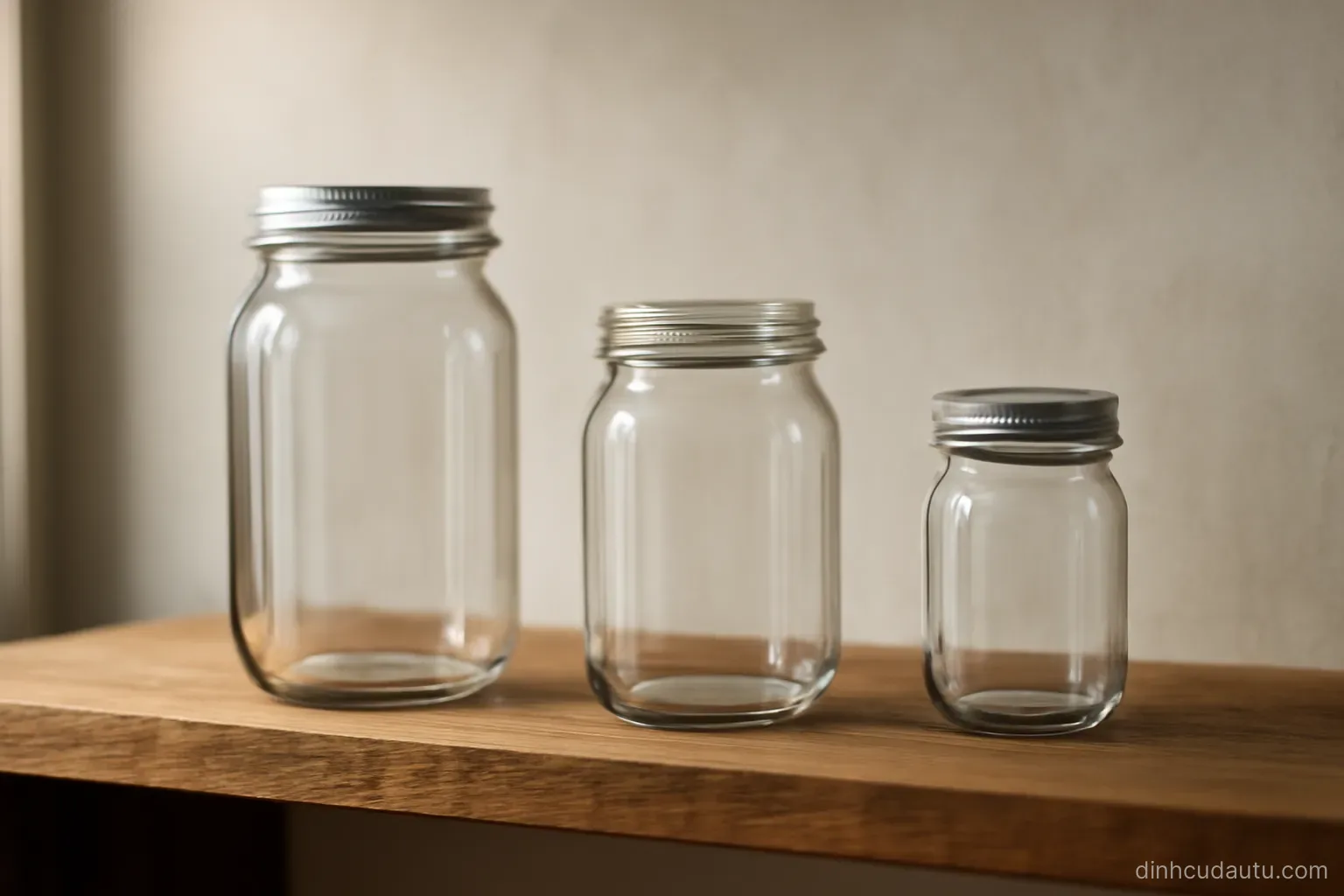 three jars of different sizes on a shelf with one standing open and two closed