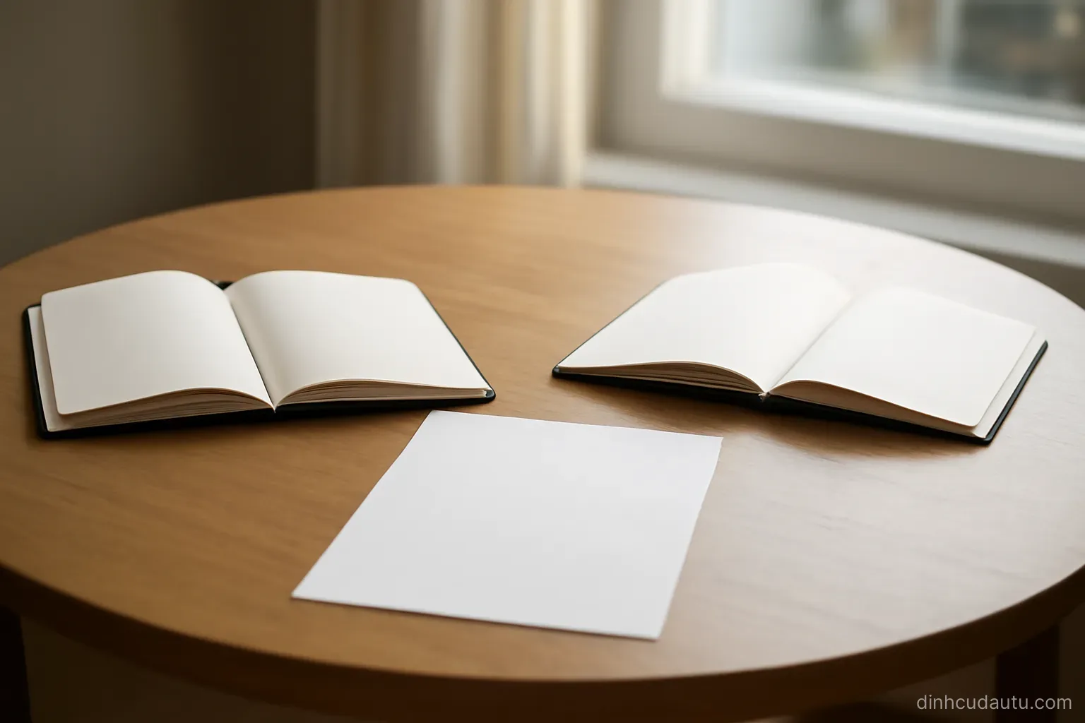 a round table with two notebooks placed opposite each other and one shared page in the middle