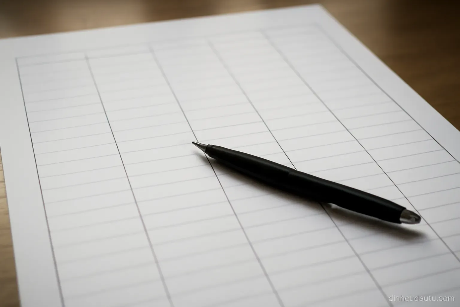 a large ruled sheet with five hand-drawn columns and a pen resting across the middle
