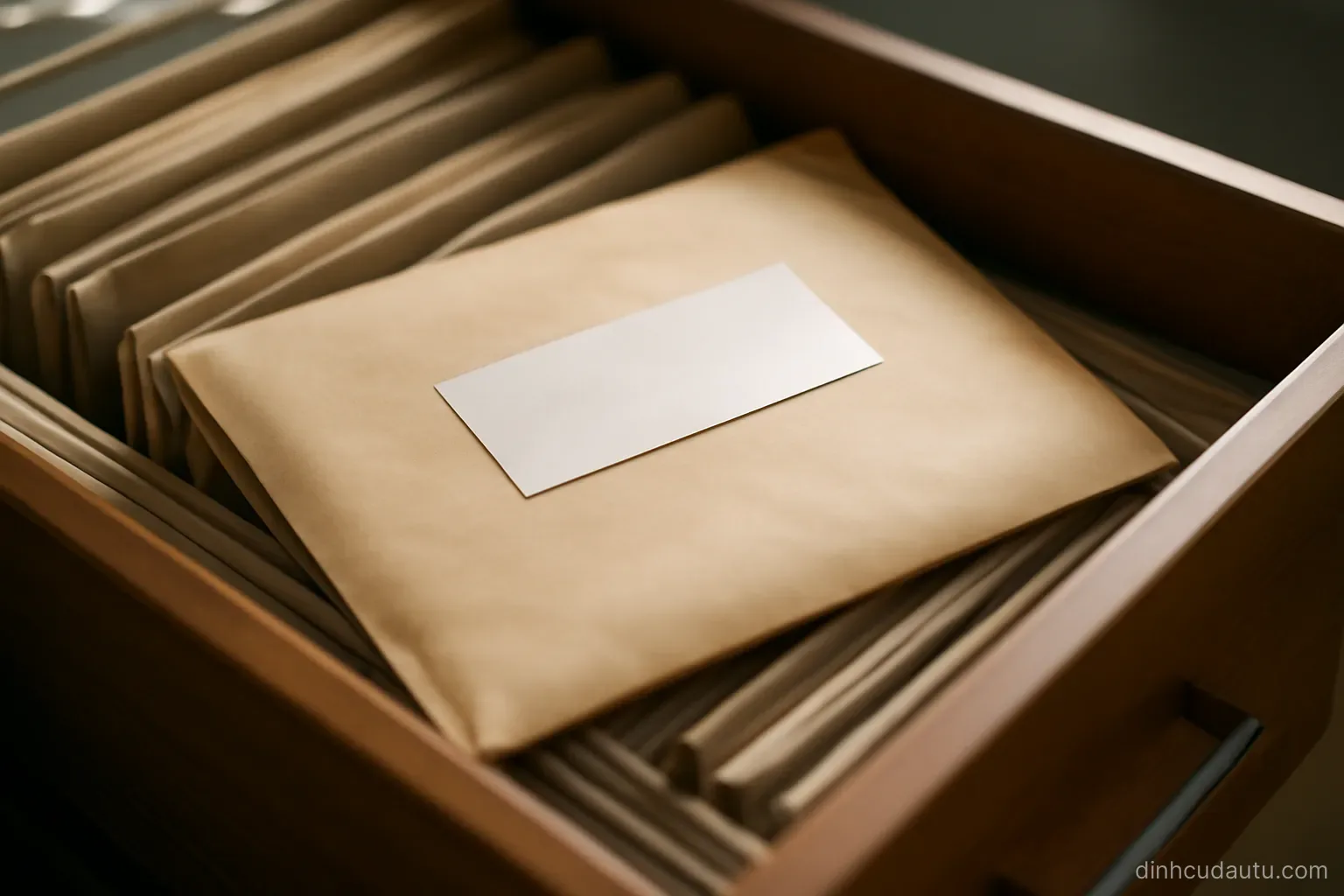 a sealed folder labelled with a blank strip resting in a drawer among other files