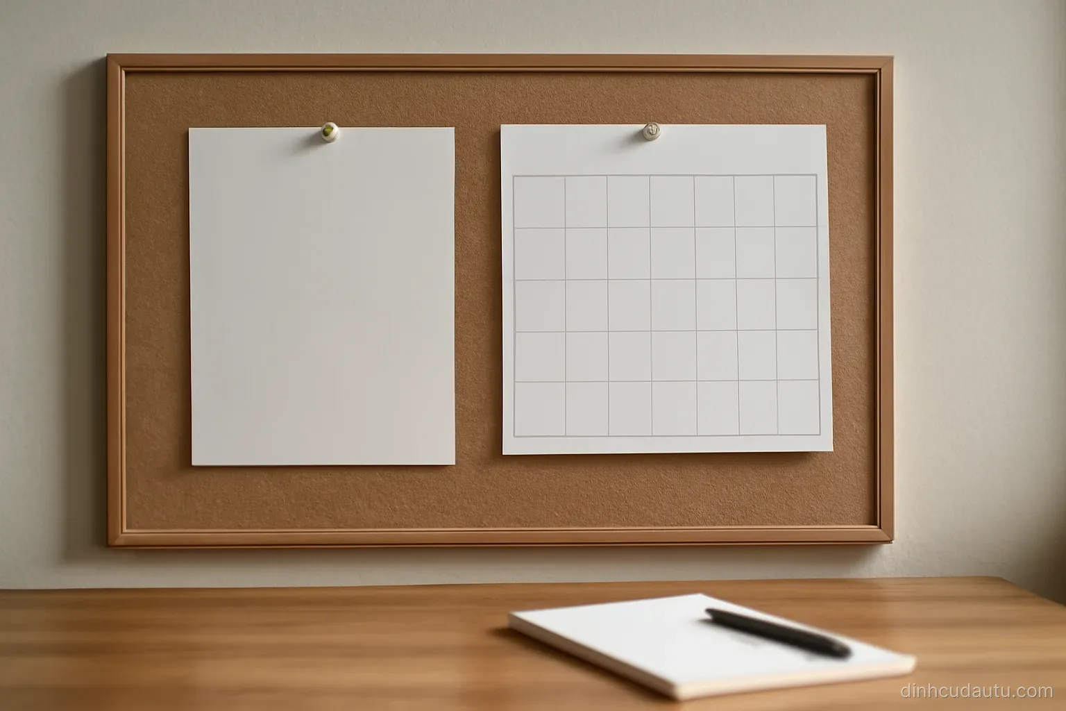a blank form and a calendar page pinned side by side on a corkboard above a desk
