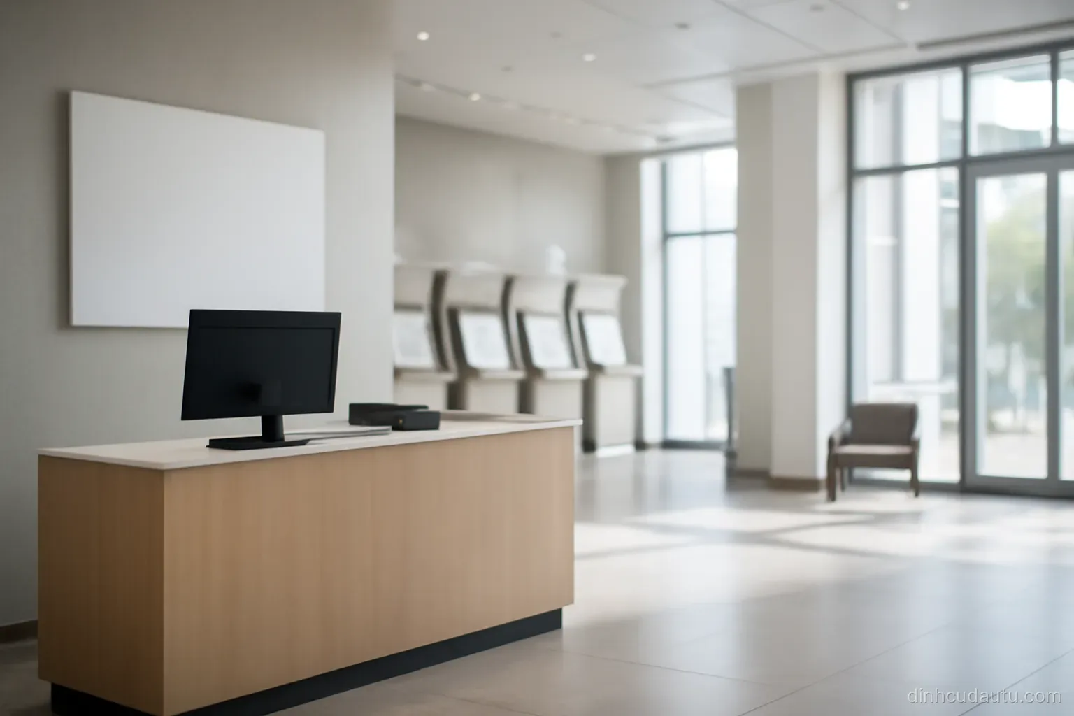 a modern bank lobby with an empty reception desk and daylight through tall windows