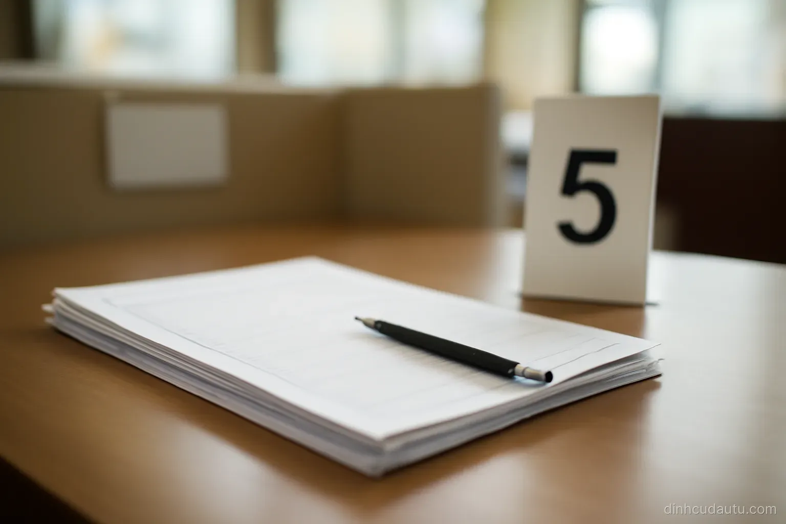 a stack of forms with a pen on top sitting on a bank desk beside a small queue number