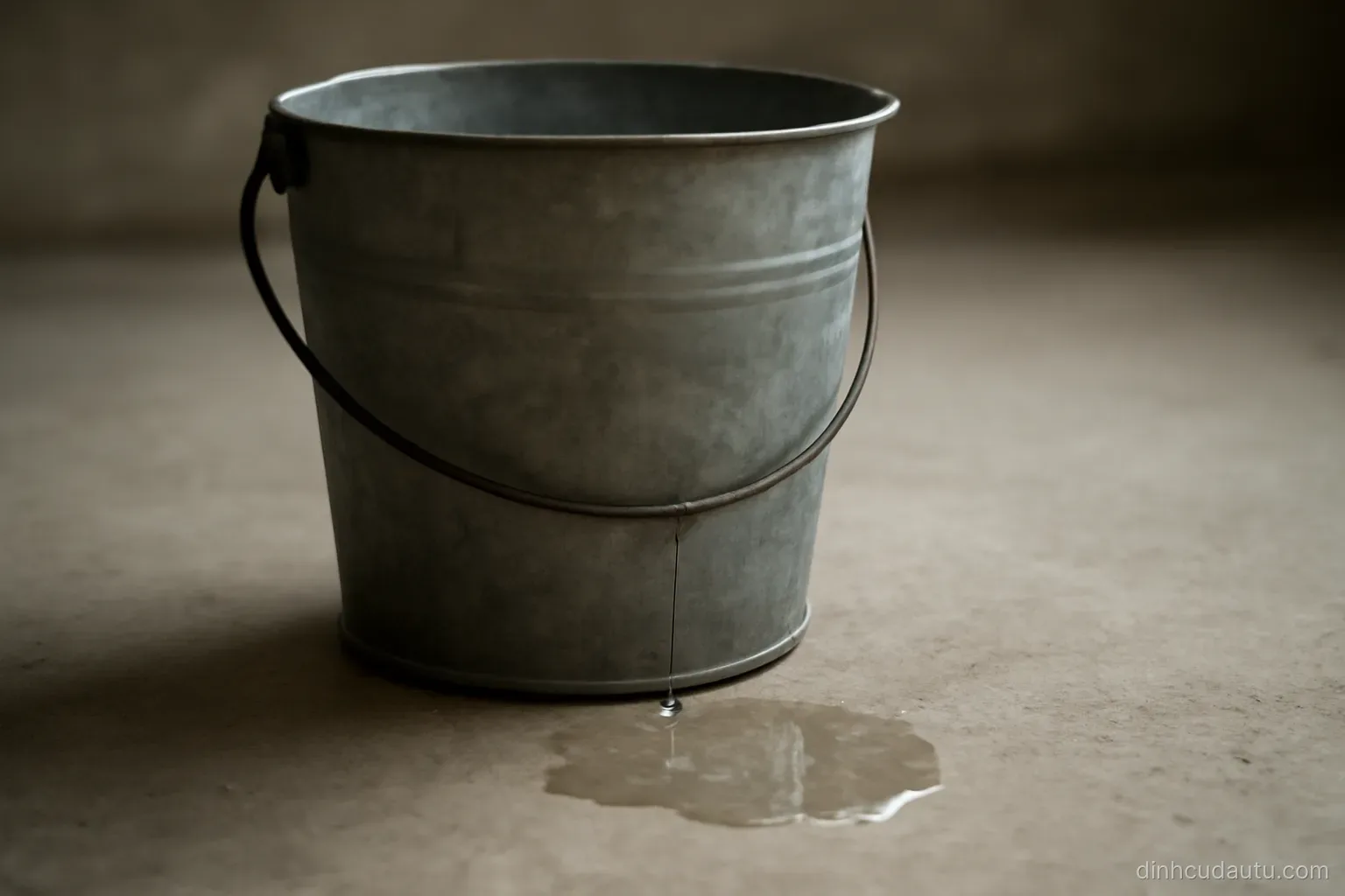 a bucket with a slow drip beneath it forming a small puddle on a concrete floor