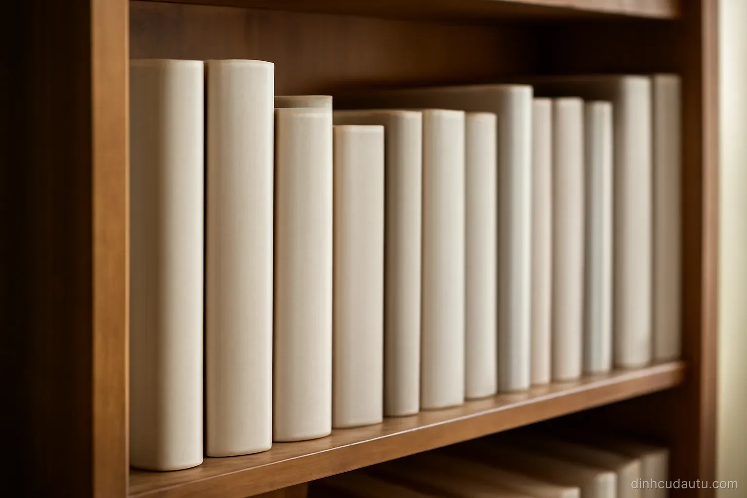 a wooden bookshelf holding several bound volumes of different thickness with completely blank spines