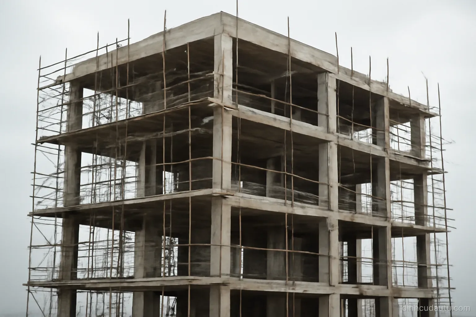 an unfinished concrete building frame with metal scaffolding standing against a pale overcast sky
