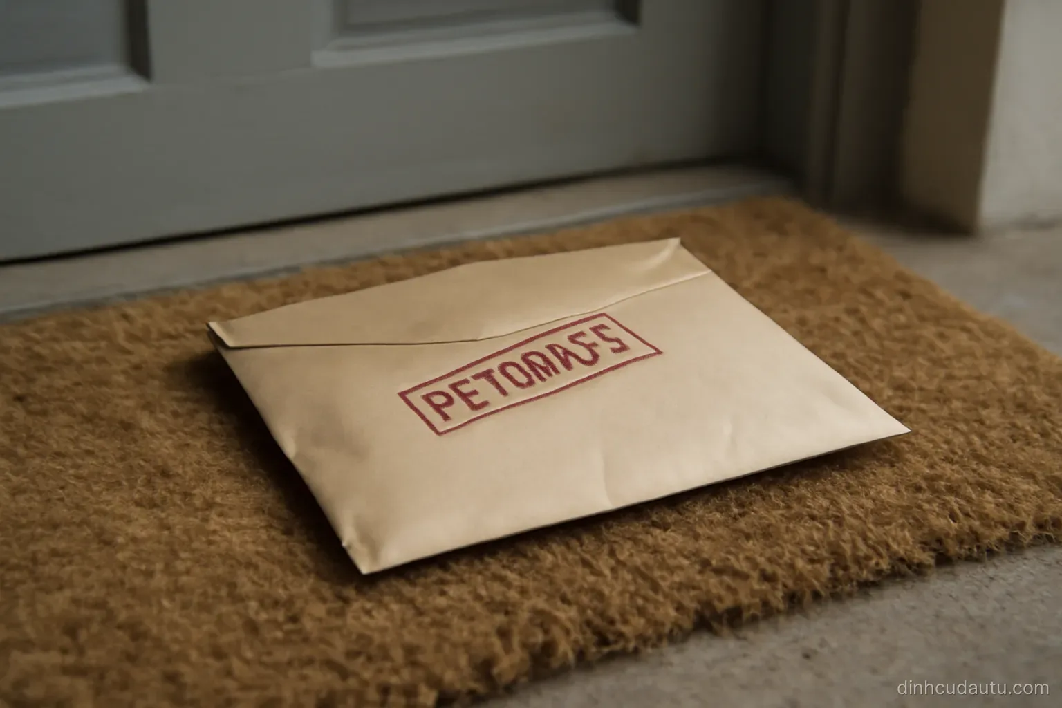 a stamped paper envelope marked as returned lying unopened on a coarse doormat by a front door
