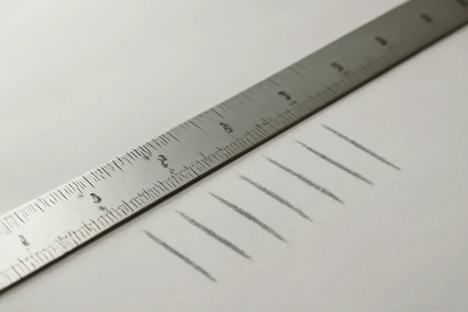 six pencil marks along a long ruler laid diagonally across a sheet of paper