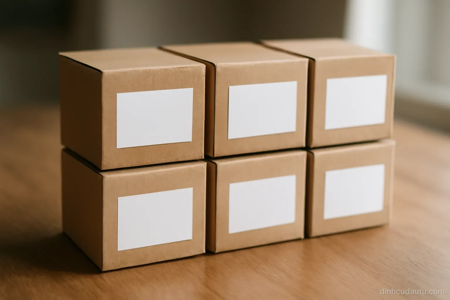six small cardboard boxes with blank labels arranged in two neat rows on a wooden table
