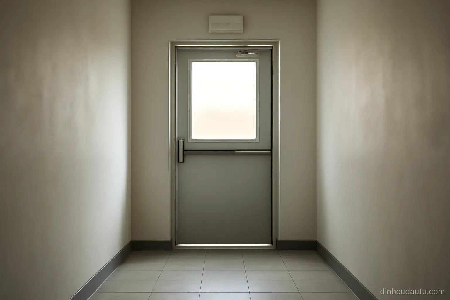 an emergency exit door with a push bar at the end of a plain corridor