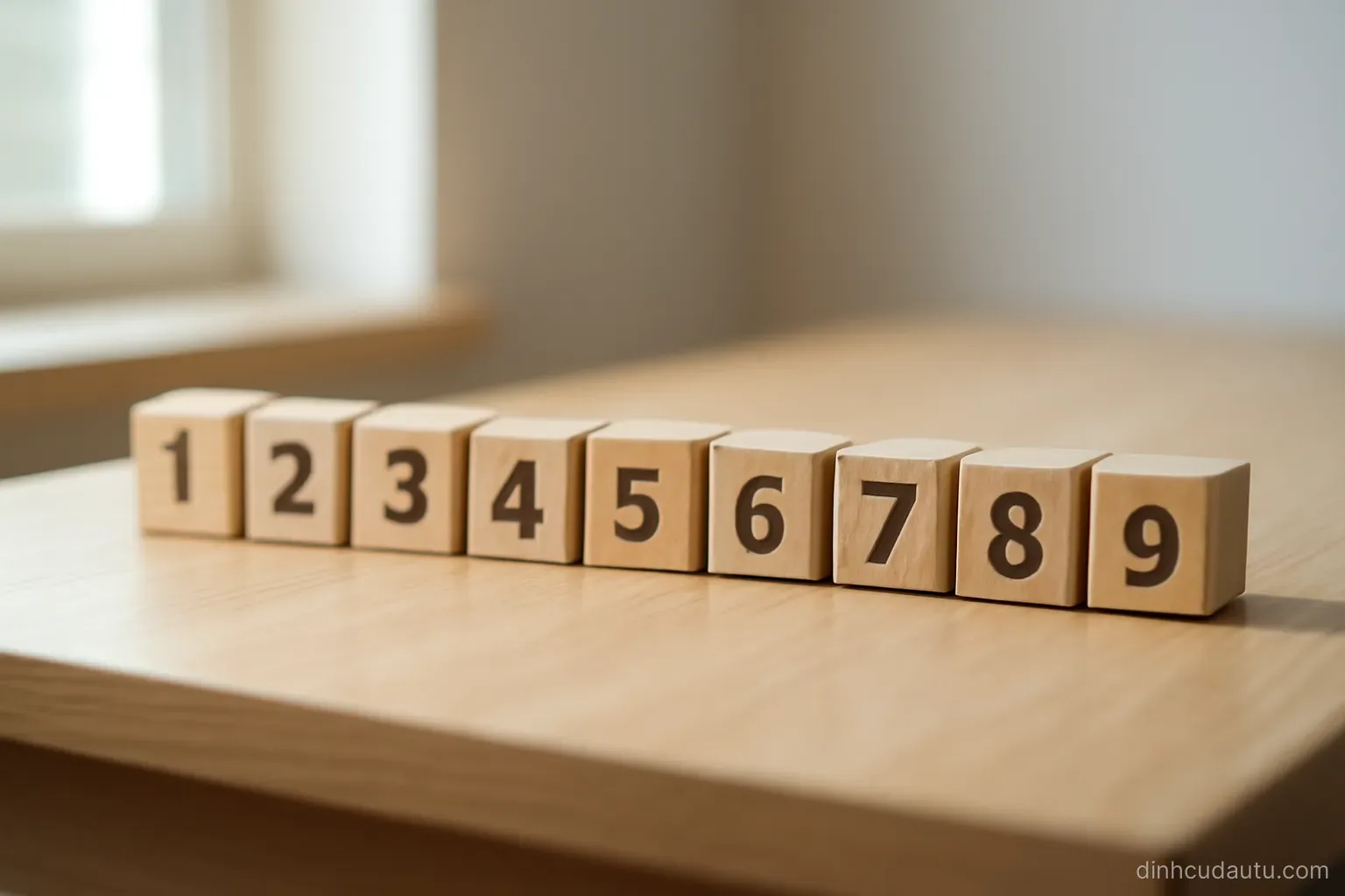 a row of numbered wooden blocks arranged in sequence along the edge of a desk