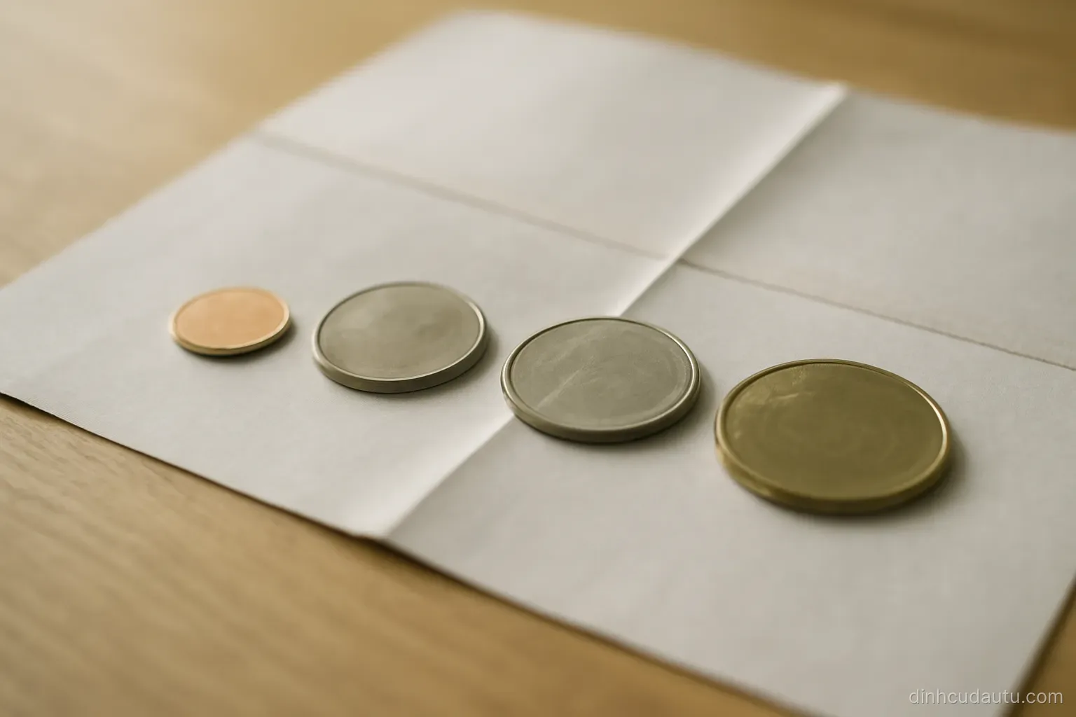 four coins of different sizes laid out in a row on a folded paper document