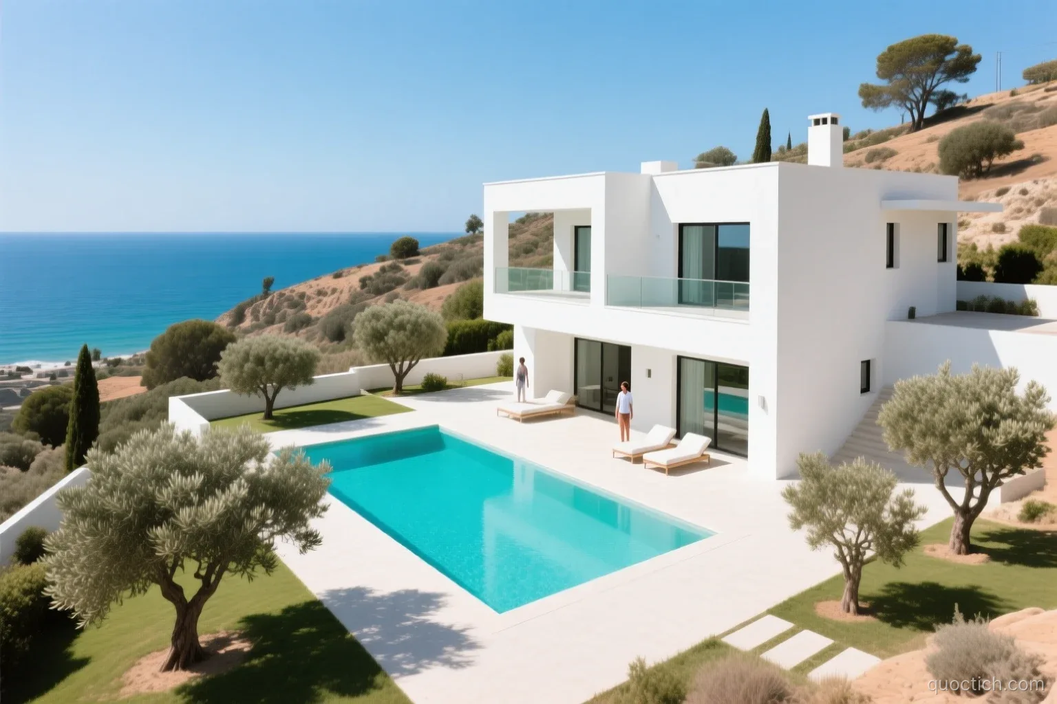 Sunlit white modern villa with a turquoise swimming pool and olive trees on a hillside in Limassol Cyprus overlooking the Mediterranean, wide shot, no people