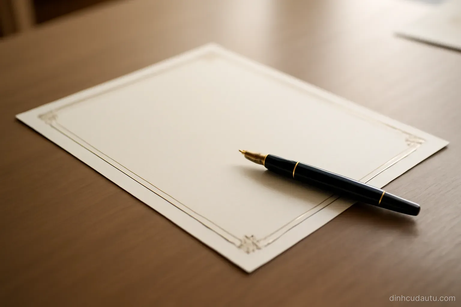 a certificate-style document face down on a desk with a fountain pen resting on it