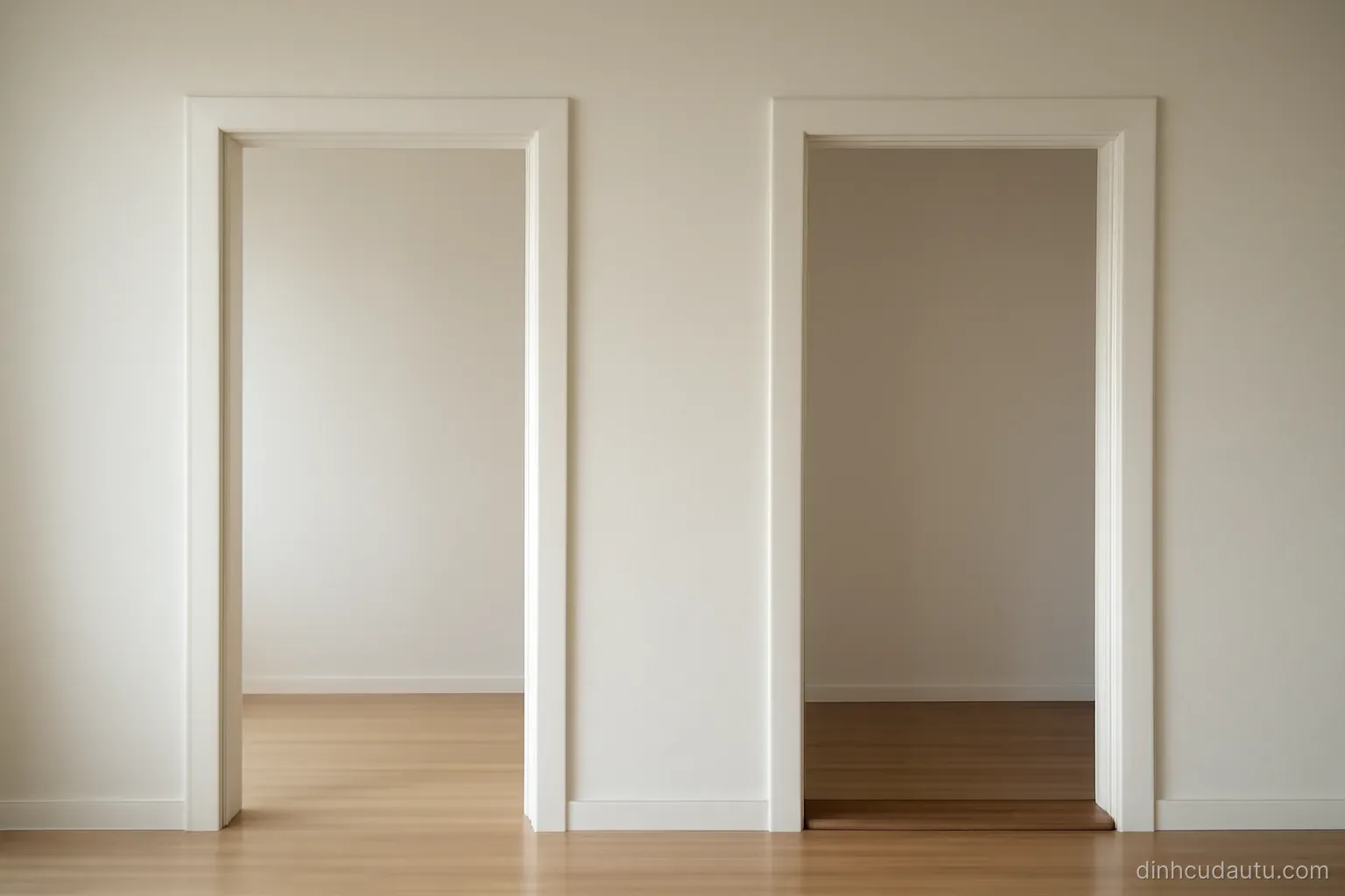 two door frames side by side in a plain wall with only one of them having a threshold